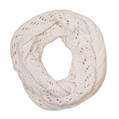 Alpaca blend infinity scarf, 'Andean Swirl in Warm White' - Hand-Knit Alpaca Blend Infinity Scarf in Warm White