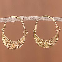 Gold plated sterling silver filigree hoop earrings, 'Gold Fiesta'