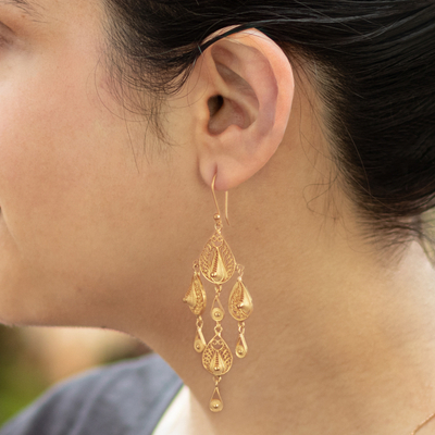 Gold plated sterling silver filigree dangle earrings, 'Gold Sunrise Dew' - 24k Gold Plated Sterling Silver Filigree Earrings from Peru