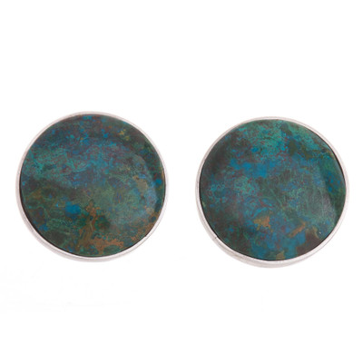 Chrysocolla clip-on earrings, 'Earth's Depths' - Round Chrysocolla Sterling Silver Clip-On Button Earrings
