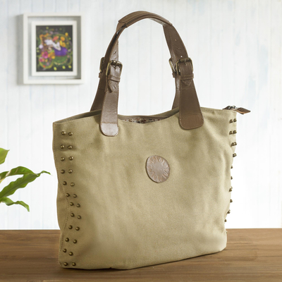 Leather accented cotton handbag, 'Beige Sophisticated Companion' - Leather Accent Cotton Handbag in Beige from Peru