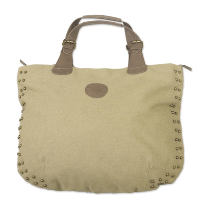 Leather Accent Cotton Handbag in Beige from Peru