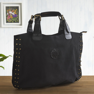 Leather accented cotton handbag, 'Black Sophisticated Companion' - Leather Accent Cotton Handbag in Black from Peru