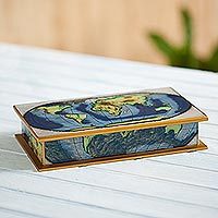 Reverse-painted glass decorative box, 'World View' - Map of the World Reverse-Painted Glass Wood Decorative Box