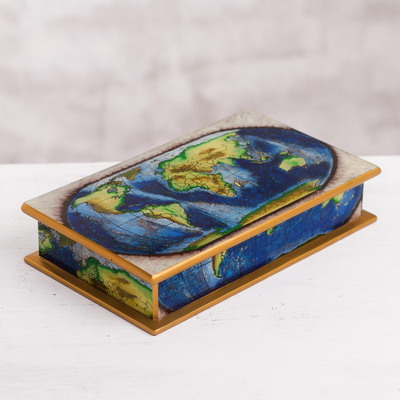 Reverse-painted glass decorative box, 'World View' - Map of the World Reverse-Painted Glass Wood Decorative Box