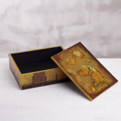 Reverse-painted glass decorative box, 'Cartographer's Treasure' - Golden World Map Reverse-Painted Glass Wood Decorative Box