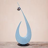 Steel sculpture, 'Feminine Curve in Blue' - Handcrafted Pale Blue Abstract Curve Steel Sculpture