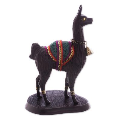 Wood statuette, 'Peruvian Llama' - Brown Hand Carved Wood Llama Statuette with Bronze Accents
