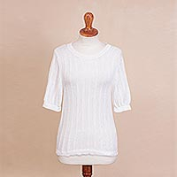 Pima cotton sweater, 'Lacy Lines' - Tunic Length Short Sleeve White Pima Cotton Sweater