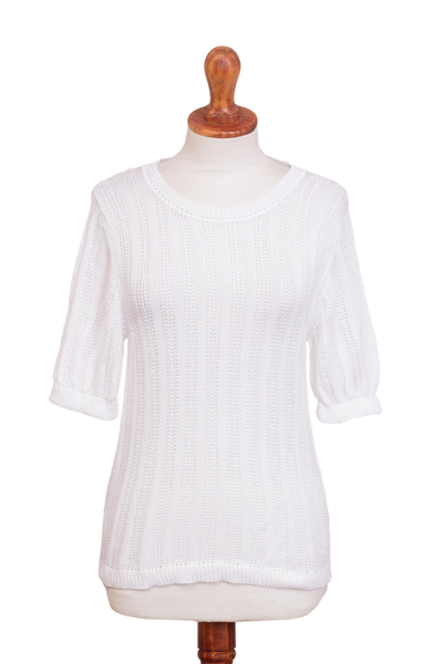 Tunic Length Short Sleeve White Pima Cotton Sweater