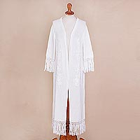 Pima cotton duster, 'Garden Elegance' - White Pima Cotton Fringed Knit Duster with Crocheted Flowers
