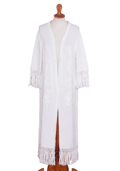 White Pima Cotton Fringed Knit Duster with Crocheted Flowers