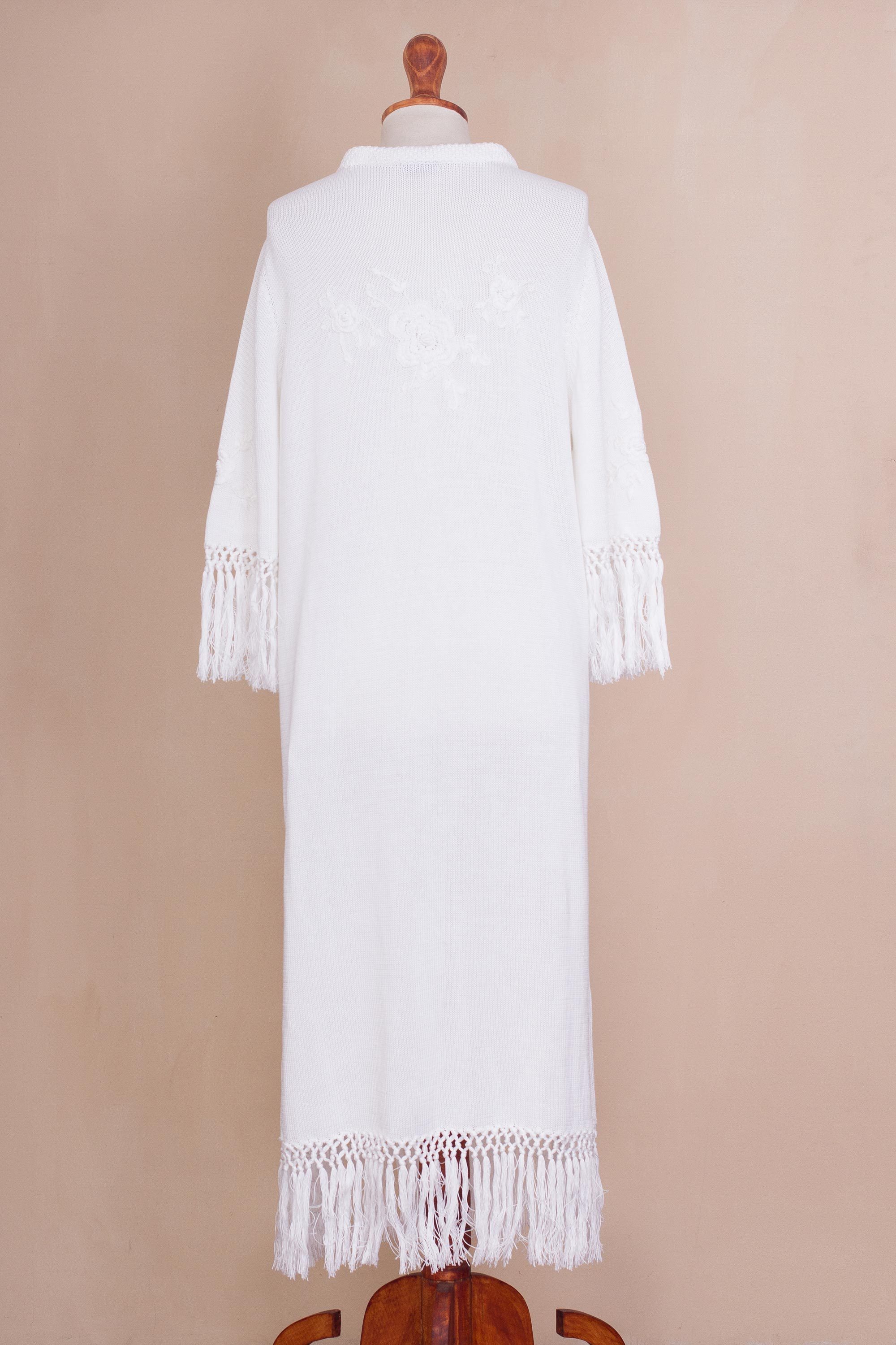 White Pima Cotton Fringed Knit Duster with Crocheted Flowers Garden