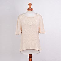 Pima cotton knit top, 'Sweet Roses' - Ivory Tunic Length Short Sleeve Floral Motif Cotton Knit Top