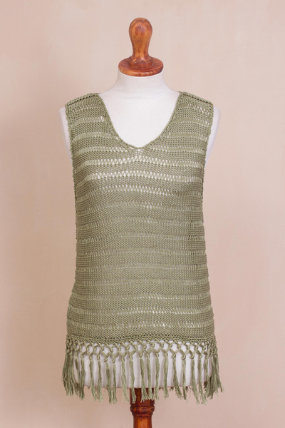 Pima cotton knit top, 'Earth Breezes' - Sage Green Tunic Length Sleeveless Pima Cotton Knit Top