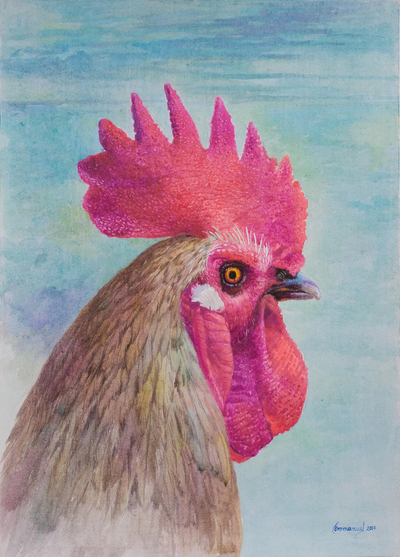 'Rey del Alba' - Acuarela firmada de un gallo de Perú