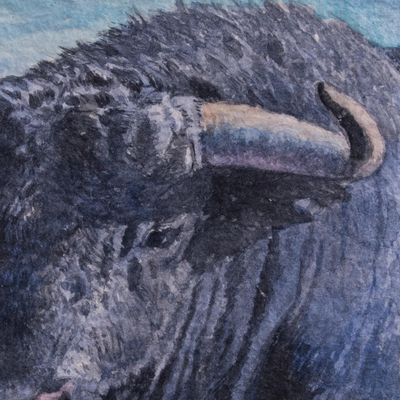 „Imminent Force“ – Signiertes Aquarellgemälde eines Stiers aus Peru