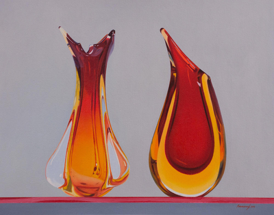 'Teoría del Color' - Pintura firmada de dos jarrones de vidrio de arte rojo de Perú