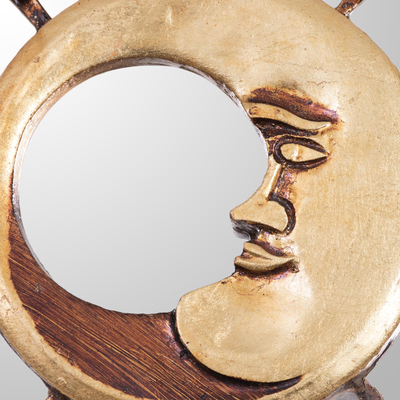 Bronze leaf wall mirror, 'Bright Eclipse' - Moon-Themed Bronze Leaf Wall Mirror from Peru