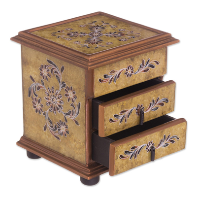 Floral Reverse Painted Glass Jewelry Box in Yellow from Peru