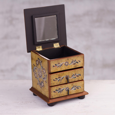 Reverse painted glass jewelry box, 'Yellow Garden' - Floral Reverse Painted Glass Jewelry Box in Yellow from Peru