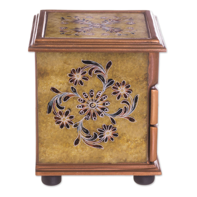 Reverse painted glass jewelry box, 'Yellow Garden' - Floral Reverse Painted Glass Jewelry Box in Yellow from Peru