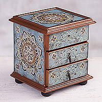 Reverse painted glass jewelry box, 'Aqua Mandala' - Floral Reverse Painted Glass Jewelry Box in Blue from Peru