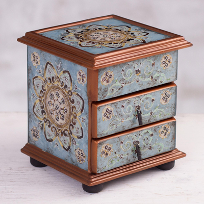 Reverse Painted Floral Glass Jewelry Box Chest from Peru - Vintage Blue