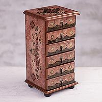 Reverse-painted glass jewelry chest, Rosy Colony