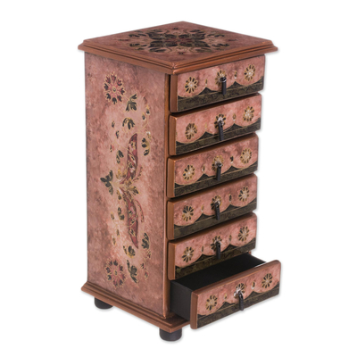 Reverse-painted glass jewellery chest, 'Rosy Colony' - Floral Reverse-Painted Glass jewellery Chest in Pink from Peru