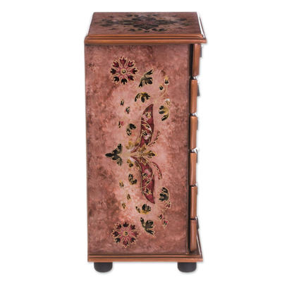 Reverse-painted glass jewellery chest, 'Rosy Colony' - Floral Reverse-Painted Glass jewellery Chest in Pink from Peru