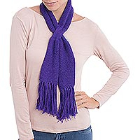 100% baby alpaca scarf, 'Glorious Knit in Blue-Violet' - 100% Baby Alpaca Wrap Scarf in Blue-Violet from Peru