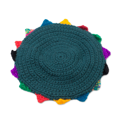 Alpaca blend cap, 'Incan Princess' - Teal with Colorful Accents Hand Crocheted Cap from Peru