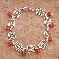 Carnelian link bracelet, 'Linked Labyrinth' - Carnelian Bead Square Spiral Sterling Silver Link Bracelet