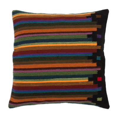 Funda de cojín de lana - Funda de cojín tejida a mano en lana a rayas multicolor de Perú