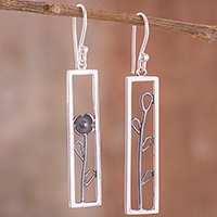Sterling silver dangle earrings, 'Windowpane Garden' - Sterling Silver Flower in Rectangular Window Dangle Earrings
