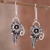 Sterling silver dangle earrings, 'Floral Flourish' - Sterling Silver Textured Flower Dangle Earrings from Peru