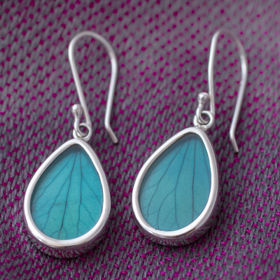Natural leaf dangle earrings, 'Petal Essence in Aqua' - Aqua Hydrangea Leaf Sterling Silver Teardrop Dangle Earrings