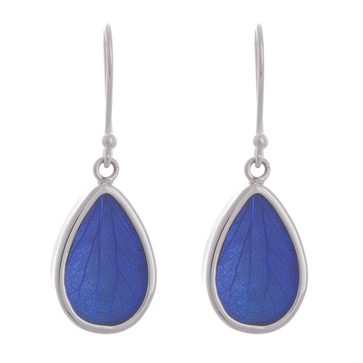 Natürliche Blatt-Ohrhänger - Blaue Hortensienblatt-Ohrringe aus Sterlingsilber in Tropfenform