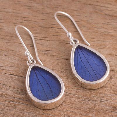 Natural leaf dangle earrings, 'Petal Essence in Blue' - Blue Hydrangea Leaf Sterling Silver Teardrop Dangle Earrings