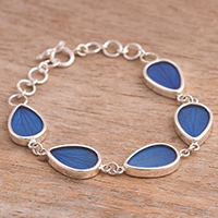 Natural leaf link bracelet, 'Petal Rain in Blue' - Blue Hydrangea Leaf Sterling Silver Teardrop Link Bracelet