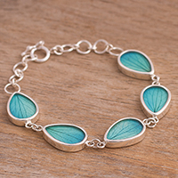Natural leaf link bracelet, 'Petal Rain in Aqua' - Aqua Hydrangea Leaf Sterling Silver Teardrop Link Bracelet