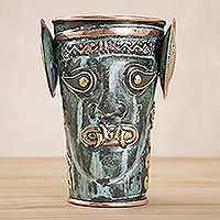Copper decorative vase, 'Feline Deity' - Green Patina and Polished Copper and Bronze Decorative Vase