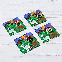 Animal-Themed Cotton Blend Arpillera Coasters (Set of 4),'Andean Life'