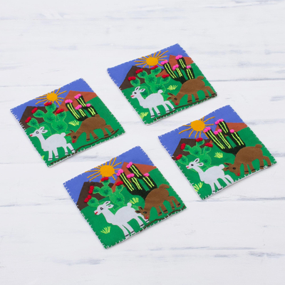 Cotton blend coasters, 'Andean Life' (set of 4) - Animal-Themed Cotton Blend Arpillera Coasters (Set of 4)