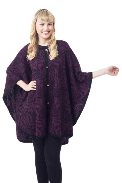 100% baby alpaca reversible ruana, 'Twilight on the Veranda' - Reversible Plum and Black 100% Baby Alpaca Knit Ruana