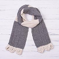 100% alpaca scarf, 'Sunbeam Through the Clouds' - Hand Knit Smoke Grey and Cream 100% Alpaca Textured Scarf