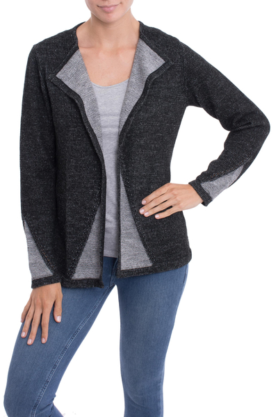 Black and Grey Alpaca Blend Open Front Sweater Jacket