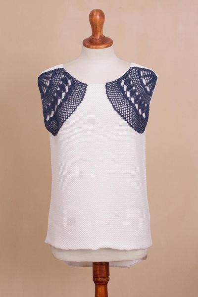 Cotton sleeveless sweater, 'Azure Breeze' - White Cotton Sweater with Crocheted Azure Accents from Peru