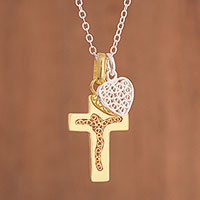 Gold accent sterling silver filigree pendant necklace, 'Our Golden Father' - 24k Gold Accent Sterling Silver Filigree Cross Necklace